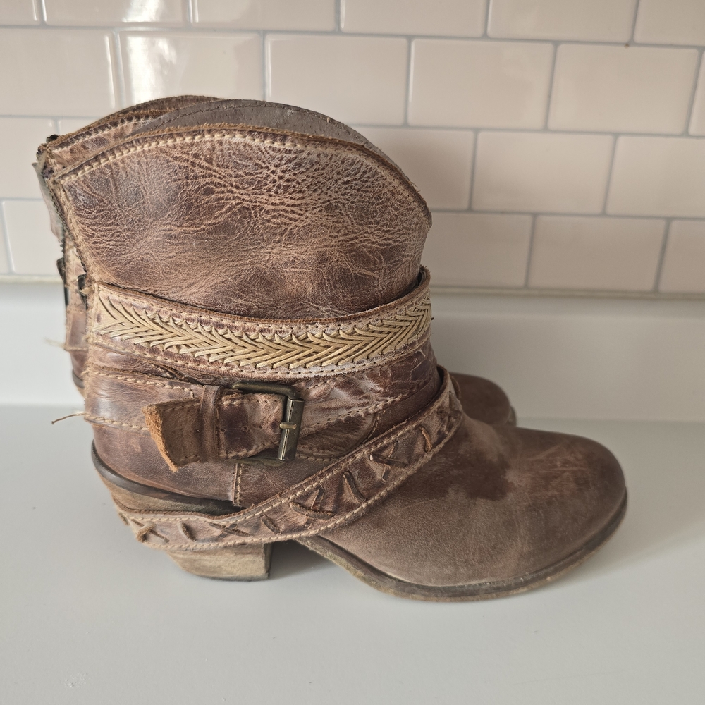 Brown Leather Ankle Booties with Braided Trim - Picture 2 of 4